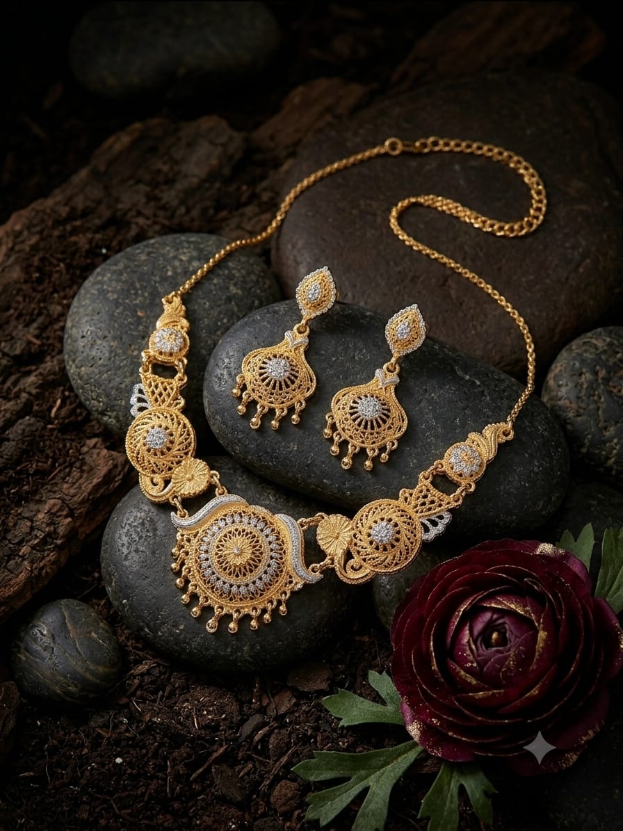 Elegant Partywear Two Tone Necklace Set – Free Jewellery Box Included